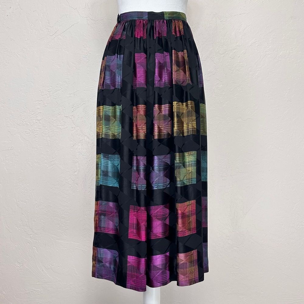 Vintage 70s Frank Masandrea 100% Silk Multicolor Rainbow Plaid Midi Skirt XS / S